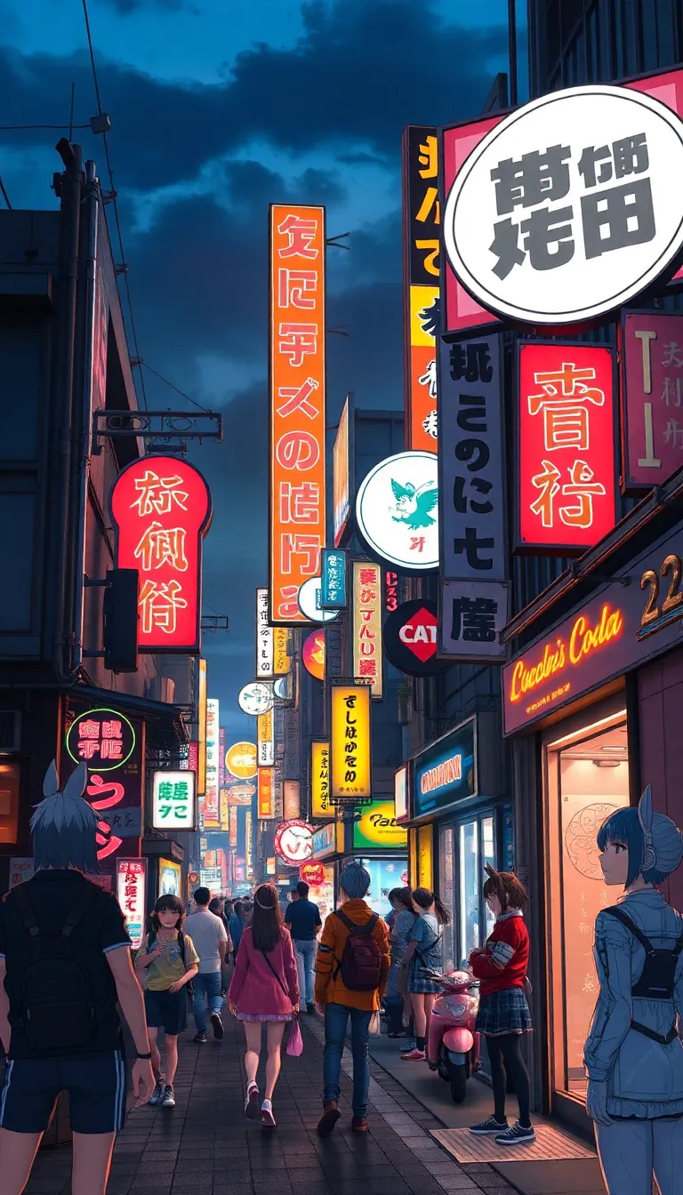 A bustling city street at night with neon signs and crowds of people.