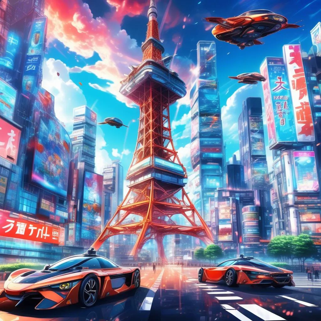 A futuristic cityscape with towering skyscrapers and flying vehicles.