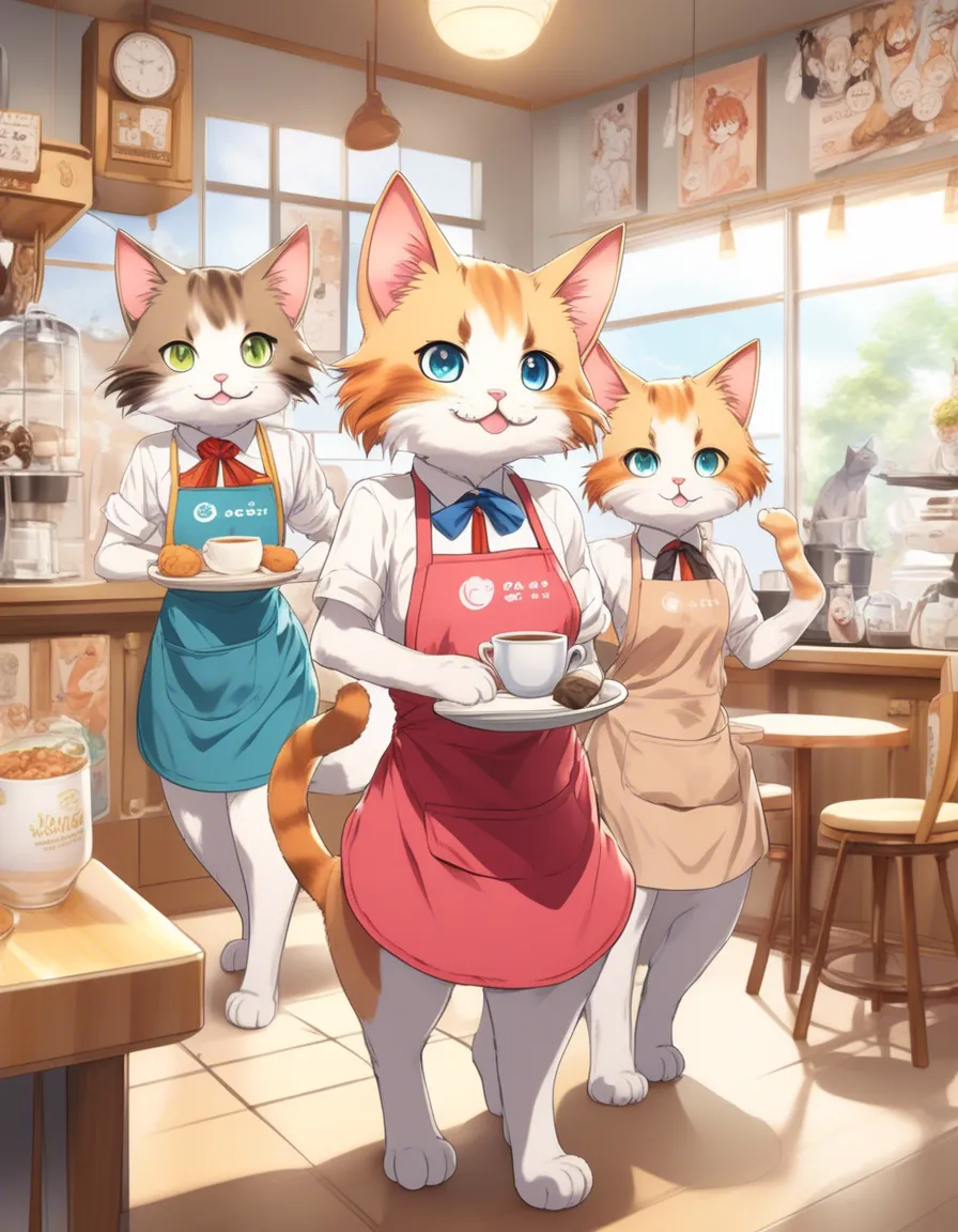 Two anthropomorphic cats in a cafe, one wearing an apron and the other holding a cup of coffee.