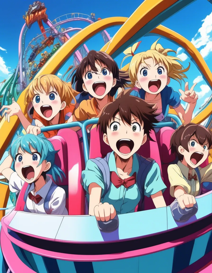 A group of anime characters riding a roller coaster with excited expressions.