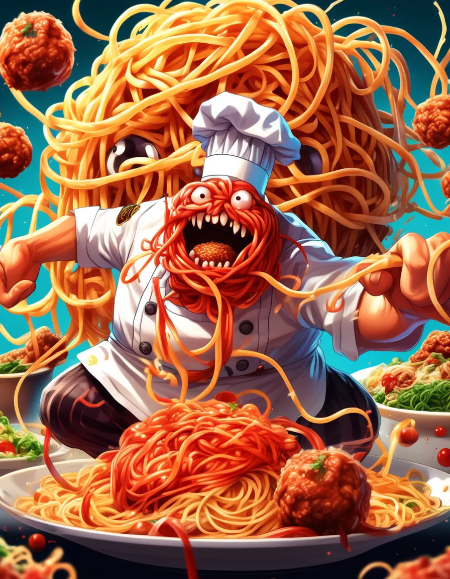 A comical illustration of a chef being overwhelmed by a large plate of spaghetti.