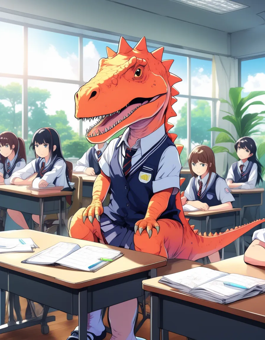 A dinosaur wearing a school uniform standing in a classroom, surrounded by other students.