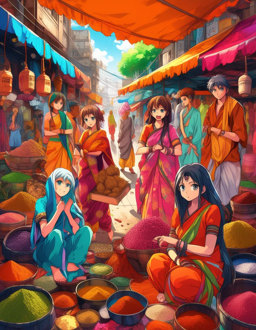 A vibrant illustration of a bustling market scene with anime characters selling and buying various goods.