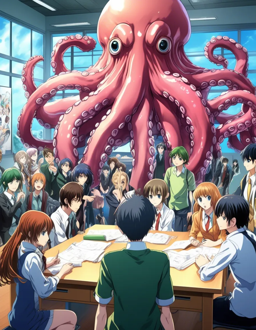 A group of students sitting at a table in a classroom, with a giant pink octopus looming over them.