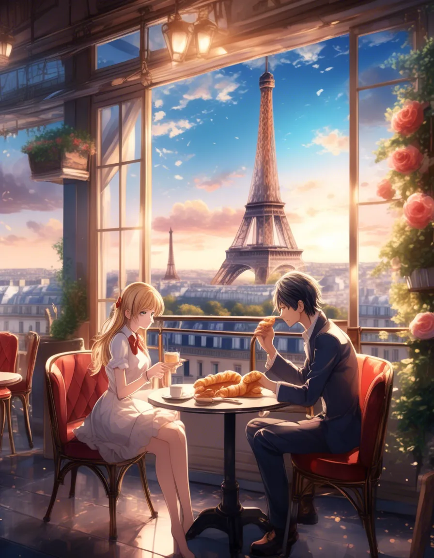 A couple enjoys a romantic dinner in a cafe with a view of the Eiffel Tower.