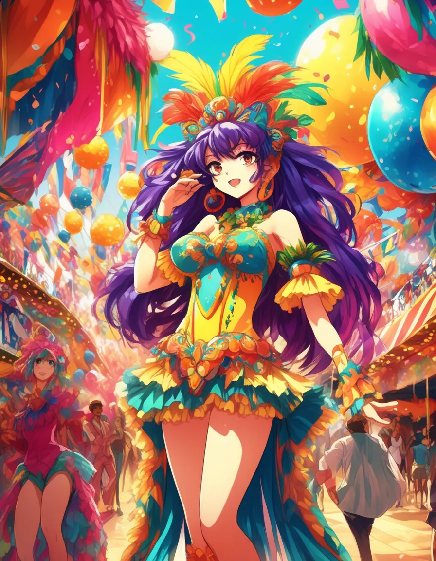 A vibrant illustration of a young woman with purple hair and a colorful outfit.