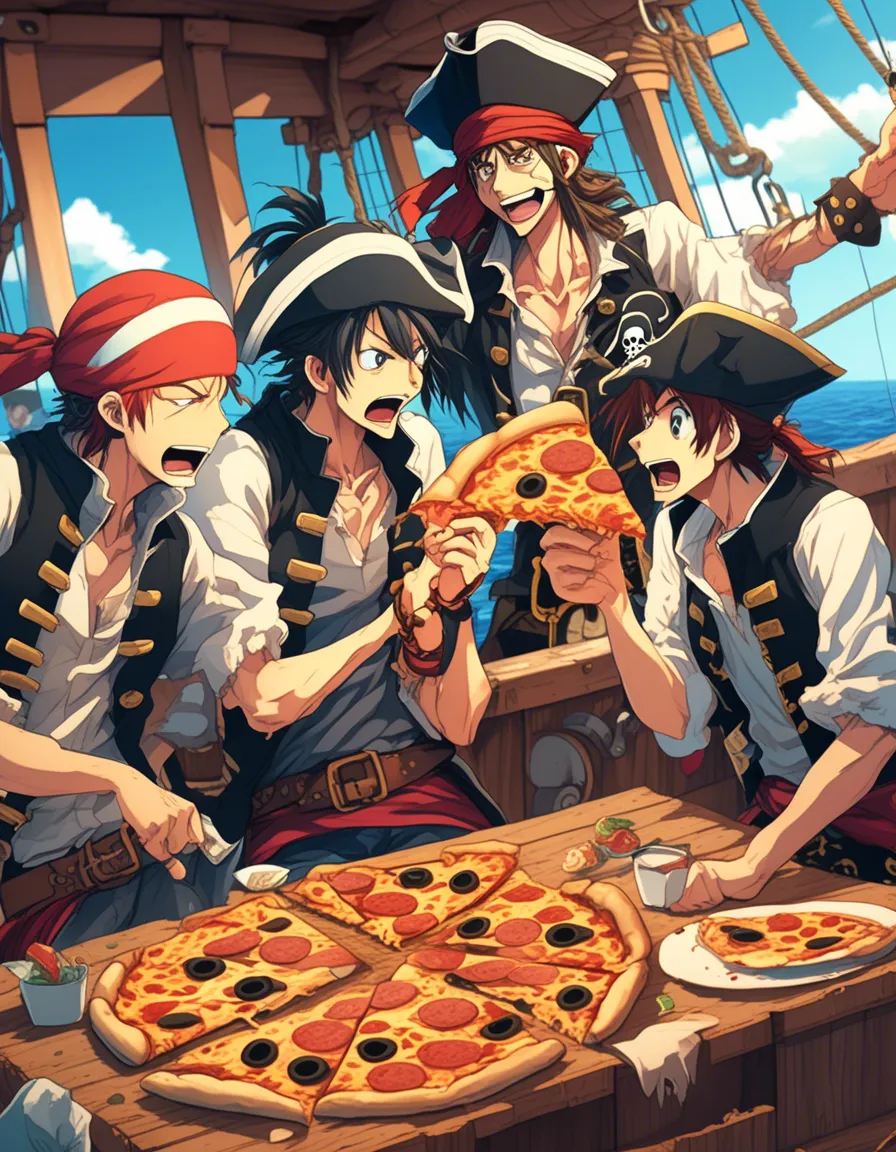 A group of anime characters enjoys a feast of pizza.