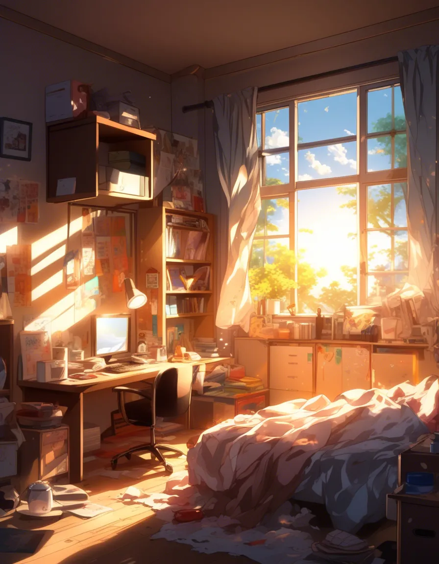 Sunlight streams through a window into a cozy bedroom, illuminating a bed and bedside table.