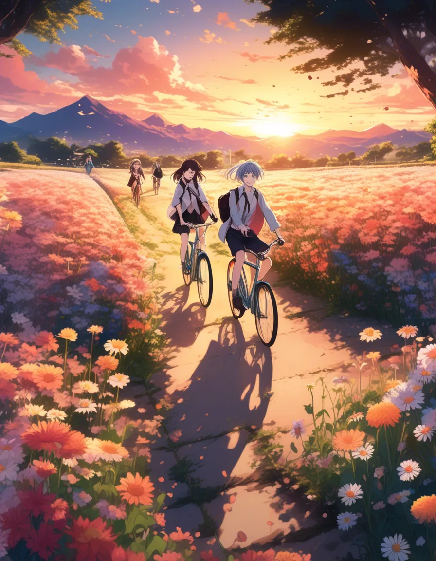 Two figures walk hand-in-hand along a path, with a beautiful sunset in the background.