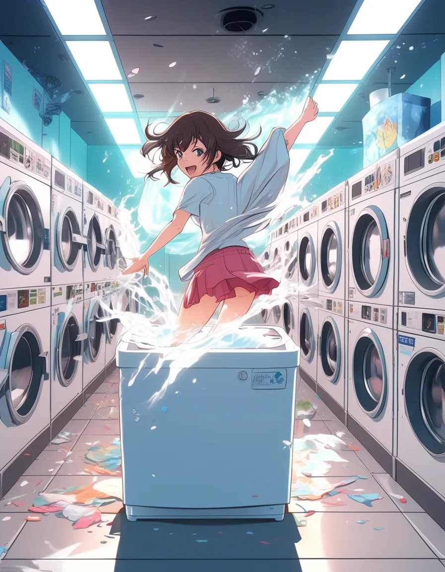 A young woman jumps with joy in a brightly lit laundromat.