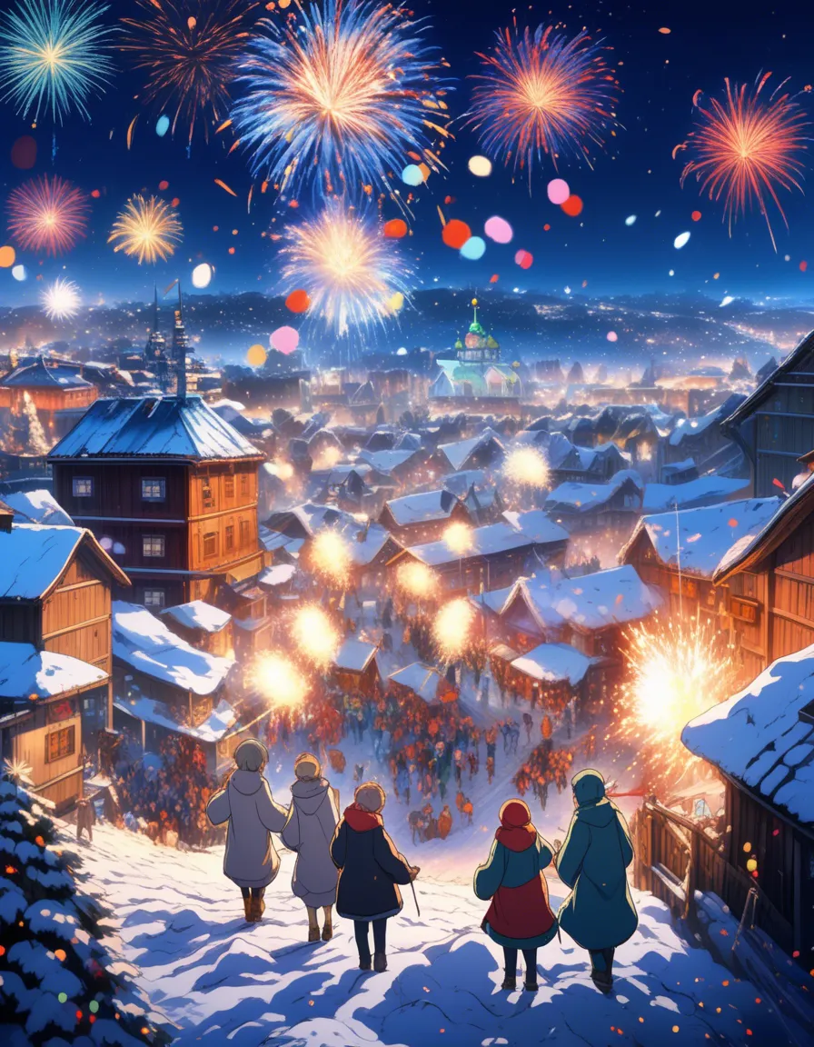 A group of friends walking in a snowy landscape with fireworks exploding in the background.