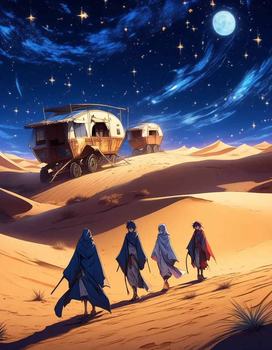 A group of adventurers walking through a desert under a starry night sky.