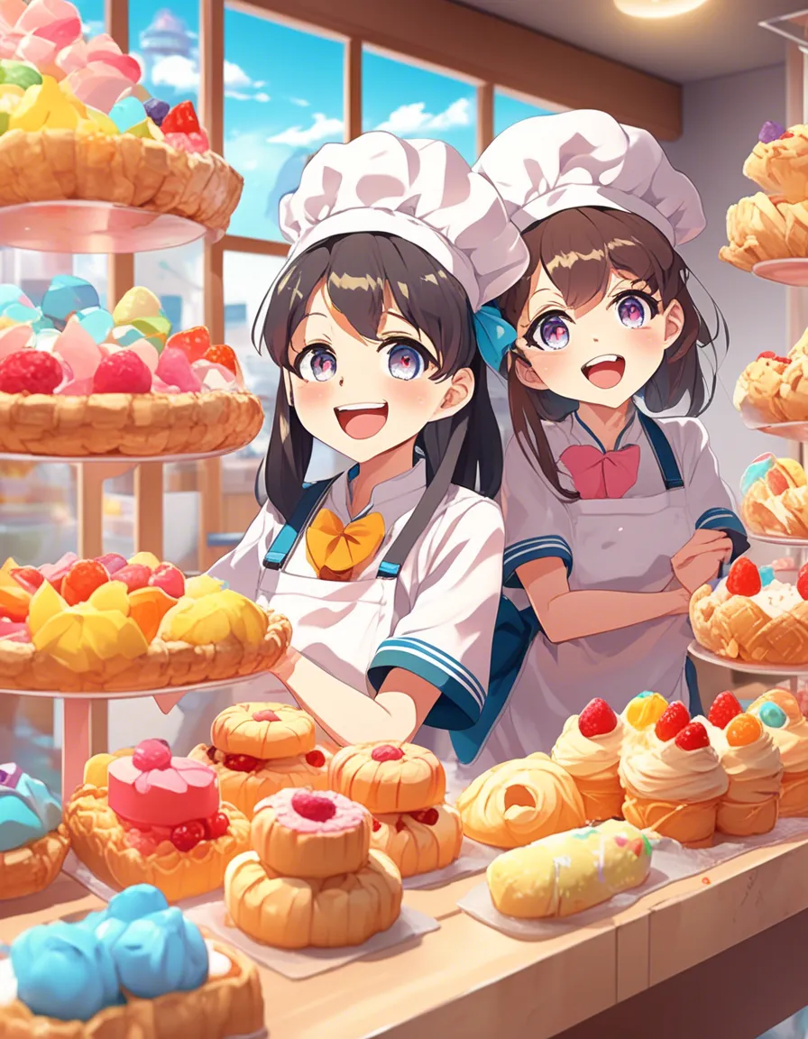 Two women dressed as bakers admire a display of colorful pastries.