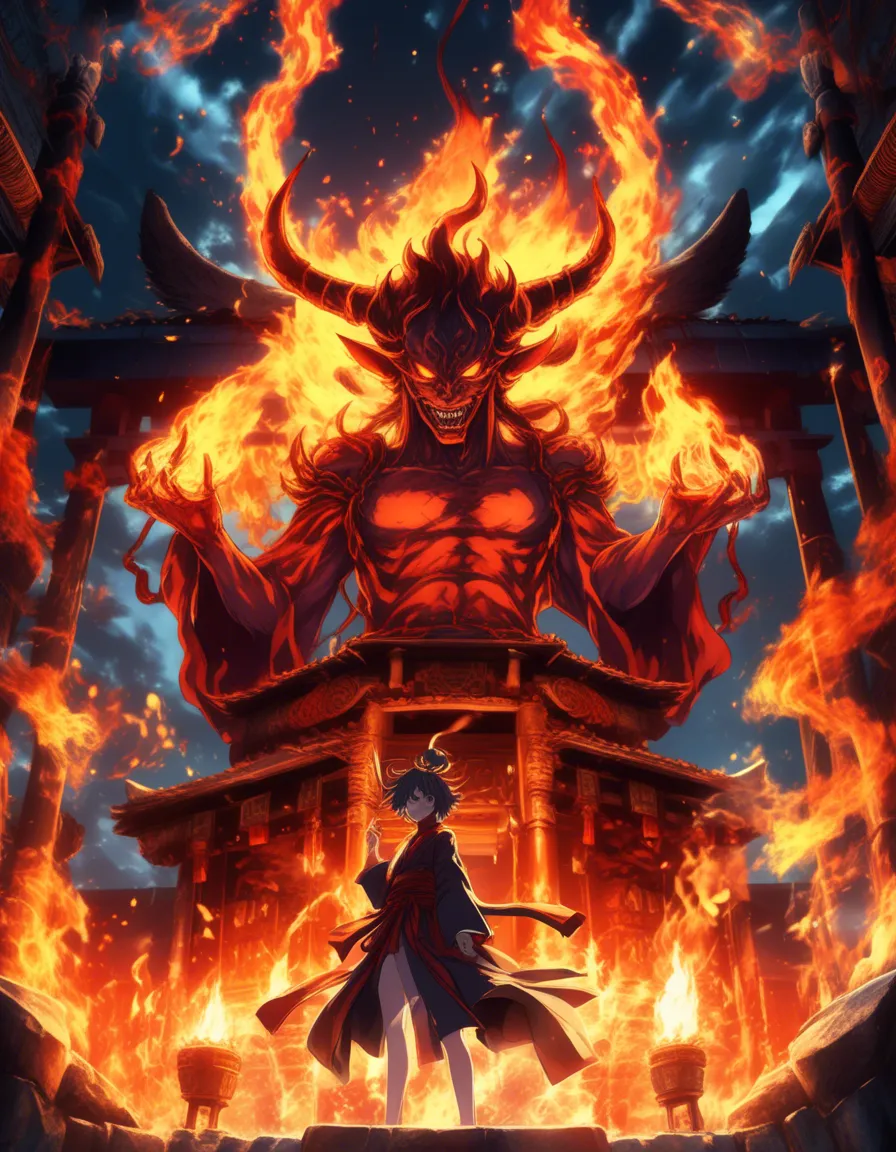 A fiery demon with horns and glowing eyes stands before a fiery gate.