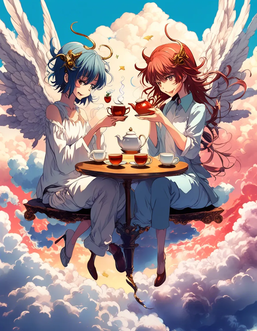 Two winged figures, an angel and a demon, share a teacup in the clouds.