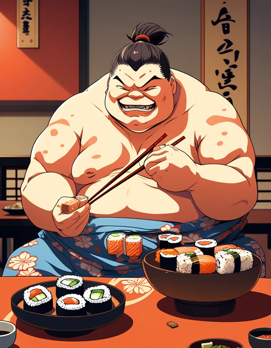 A large man with a beard enjoying a plate of sushi.