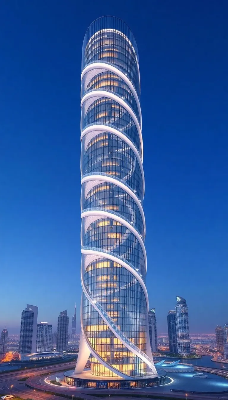 A tall, twisting skyscraper with a glass facade, reflecting the city lights below.