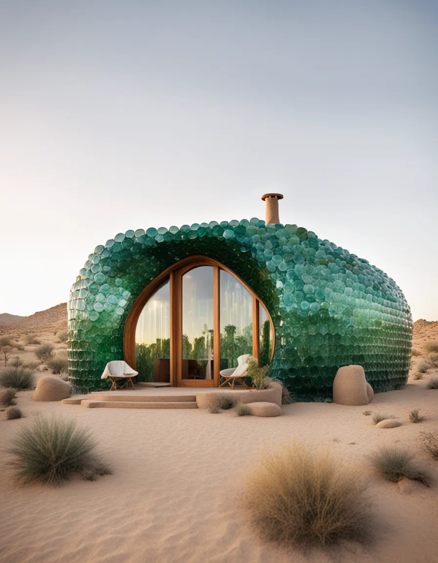 A whimsical, leaf-shaped house with a vibrant green exterior, nestled in a desert landscape.