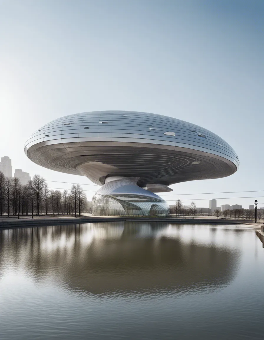 A futuristic, disc-shaped building with a reflective surface, floating on a calm body of water.