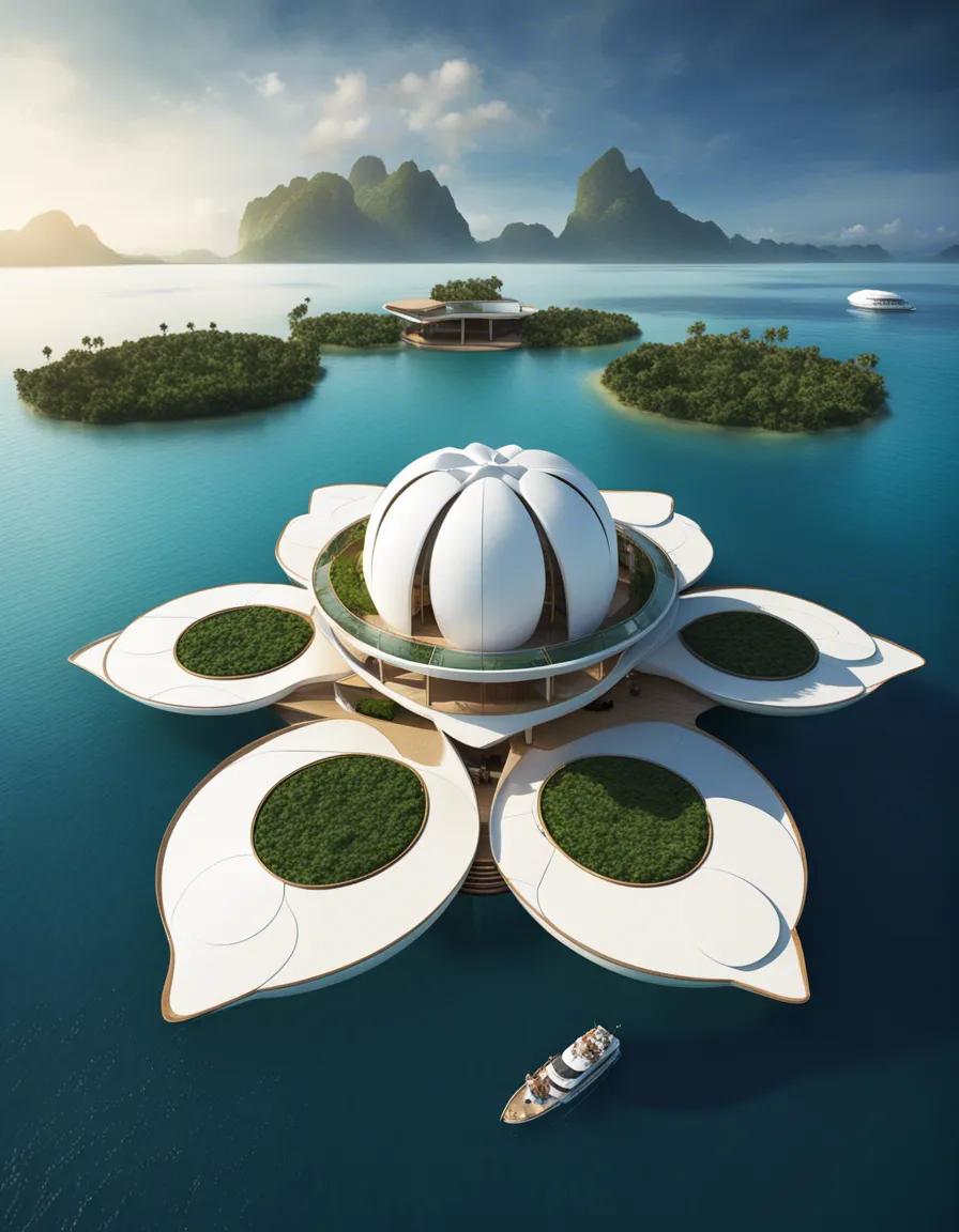 A futuristic, lotus-shaped building with a vibrant green roof, floating on a calm ocean with tropical islands in the background.