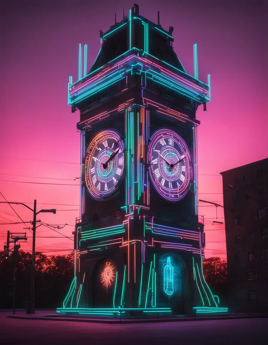 A neon-lit clock tower with a vibrant, futuristic design, standing tall against a twilight sky.