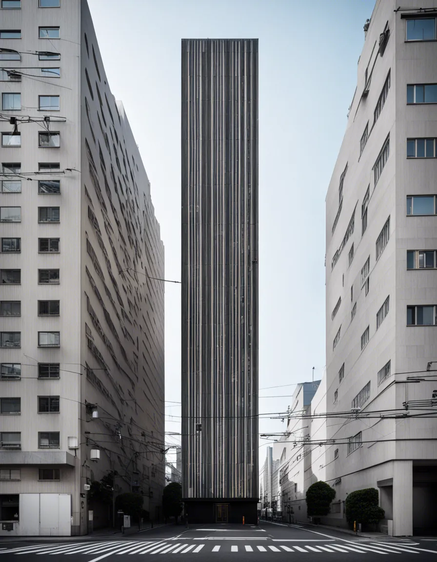 A towering skyscraper with a sleek, modern design, reflecting the city lights below.