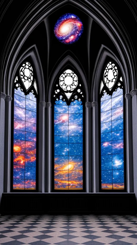 A grand cathedral with a stained glass window depicting a celestial scene, bathed in warm light.