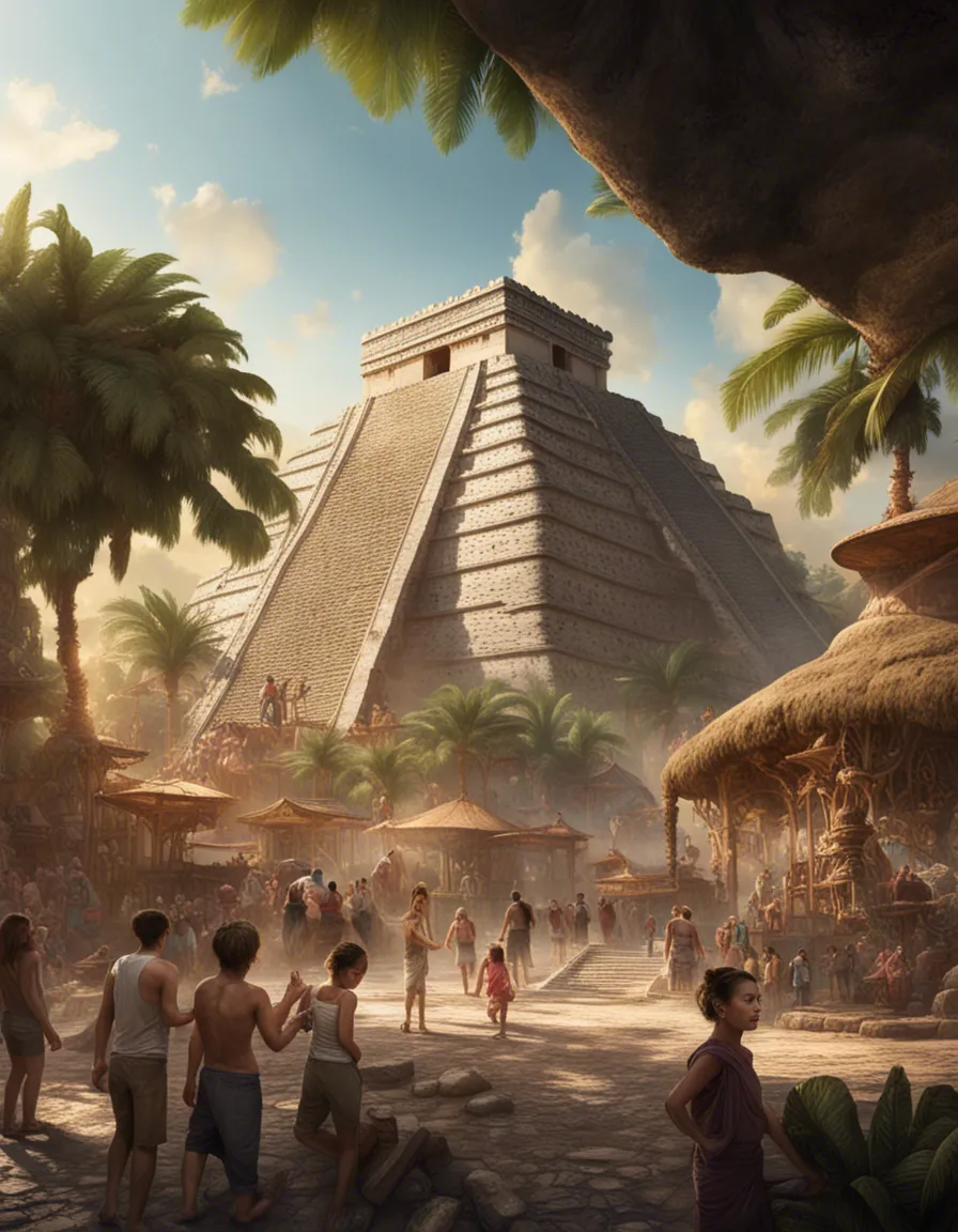 A futuristic Mayan temple complex with towering pyramids and lush vegetation, bathed in the warm light of sunset.