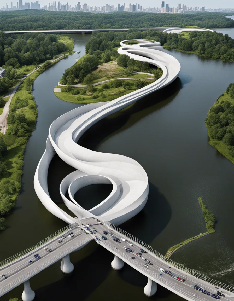 A winding, white bridge spanning a river, creating a mesmerizing pattern.