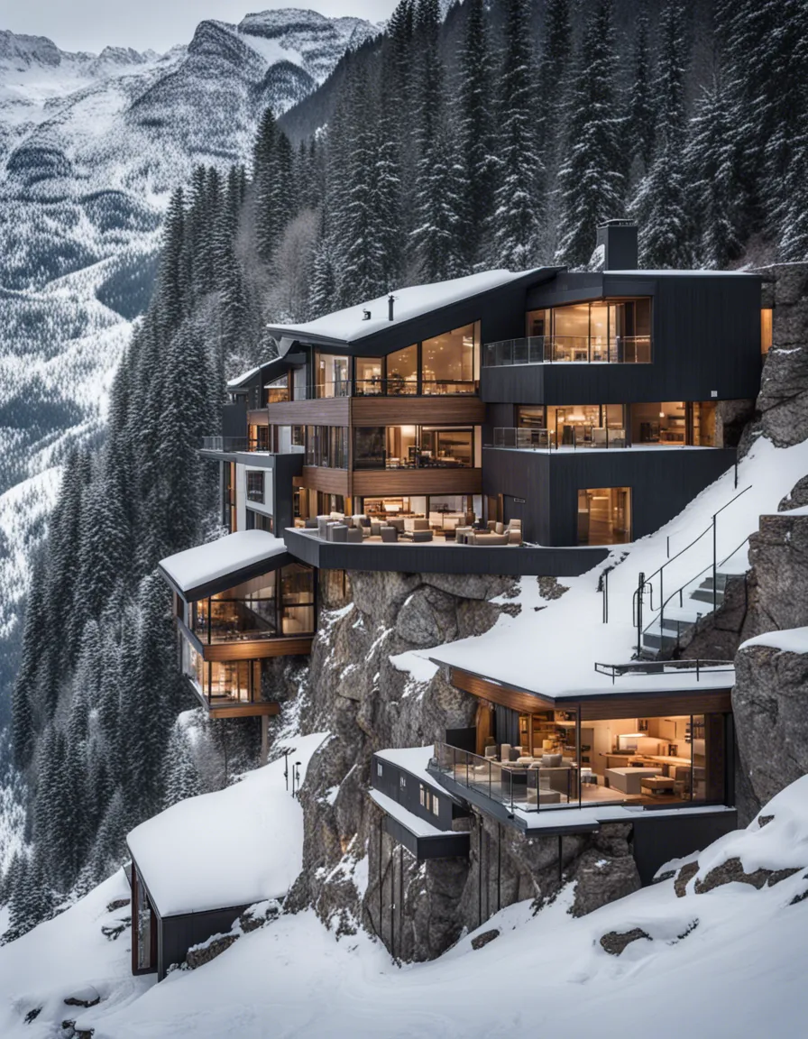 A cluster of cozy cabins built into a cliffside, overlooking a breathtaking mountain range.