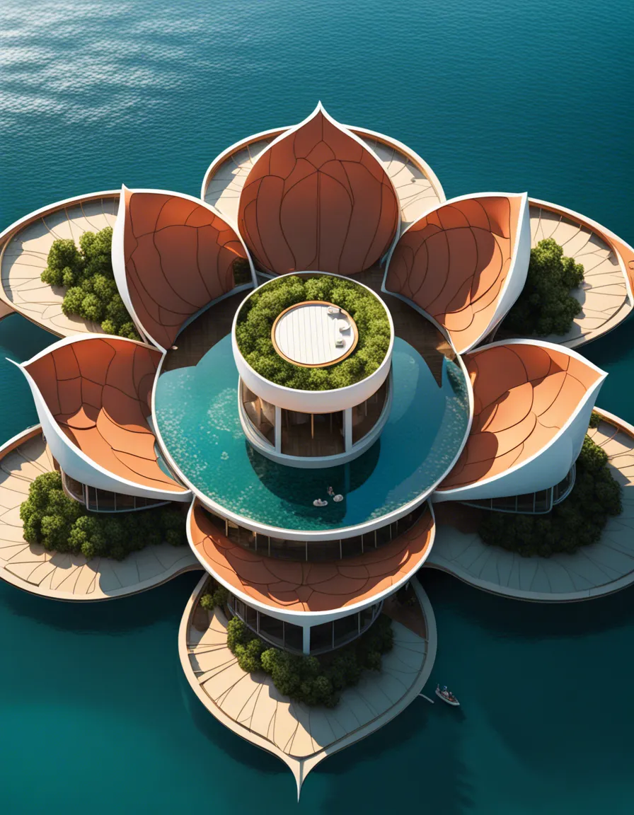 A futuristic, lotus-shaped building with a vibrant orange roof, floating on a calm ocean.