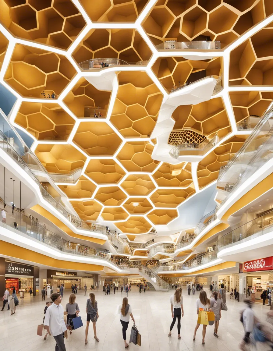 A modern shopping mall with a unique, honeycomb-patterned ceiling.