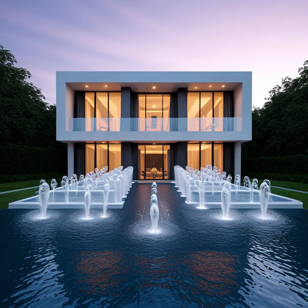 A luxurious modern villa with a reflecting pool and a fountain in front.