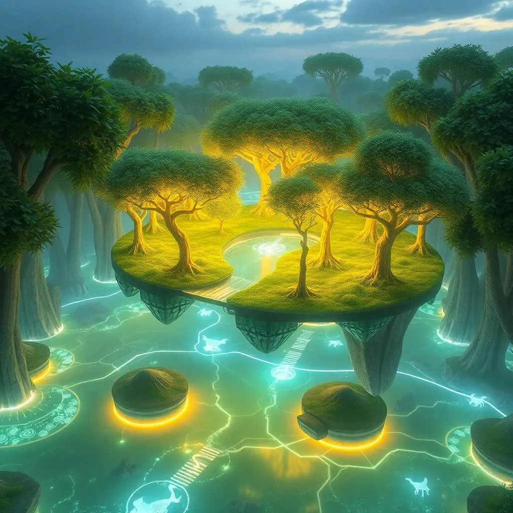 A surreal landscape with floating islands covered in glowing trees and waterfalls.