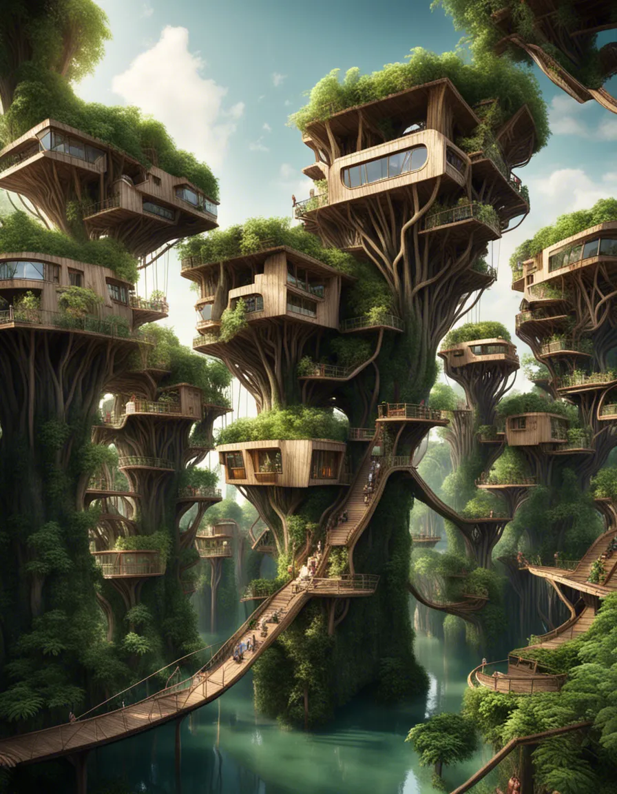 A whimsical village of treehouses built high in the branches of ancient trees, connected by rope bridges.