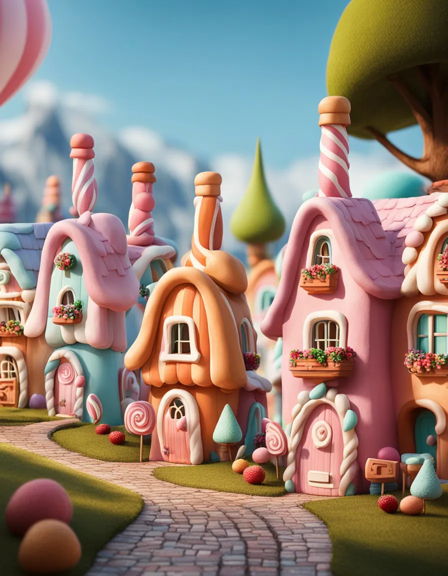 A cheerful, candy-colored town with playful houses and a whimsical atmosphere.