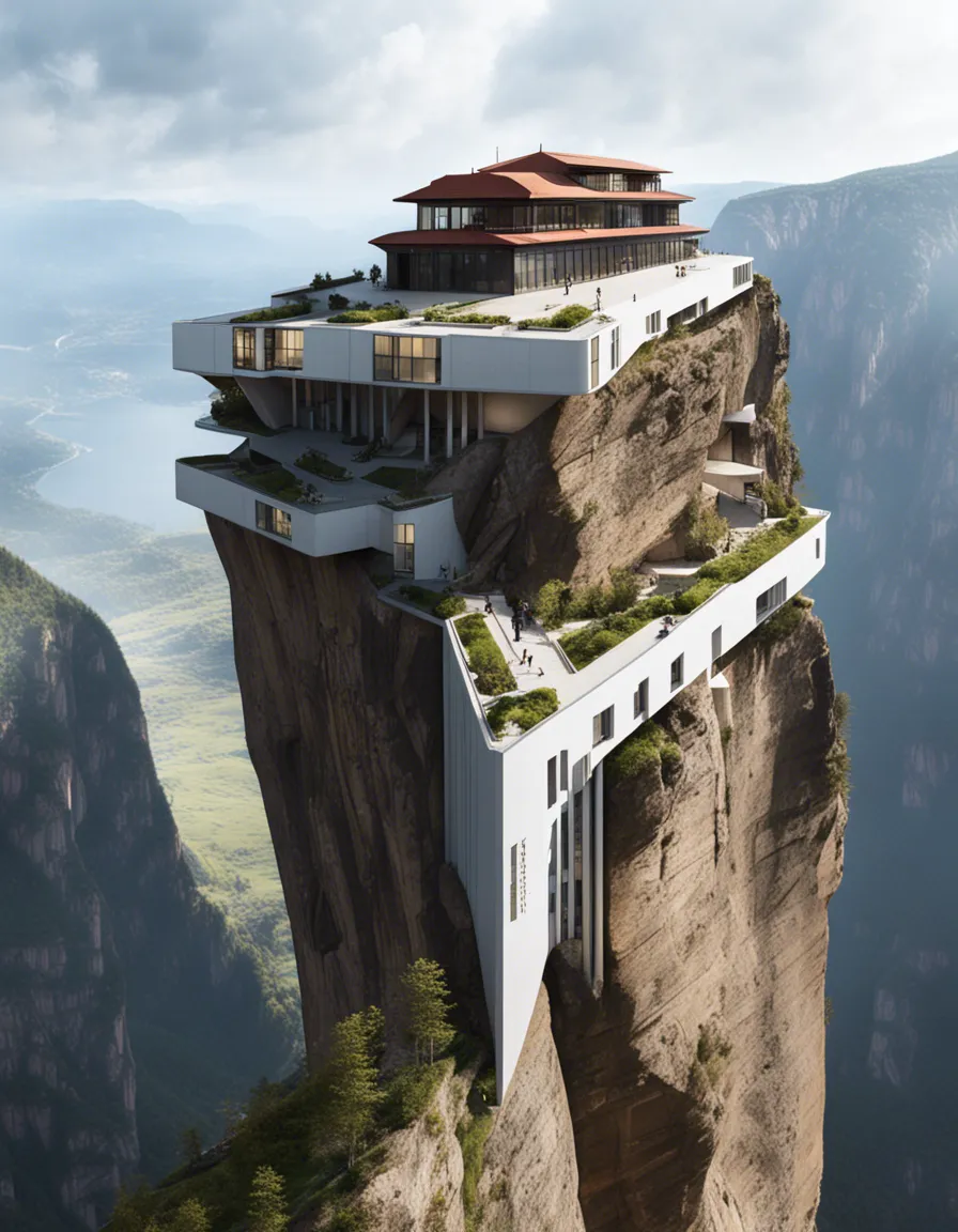 A breathtaking hotel perched on a cliff overlooking a dramatic waterfall.