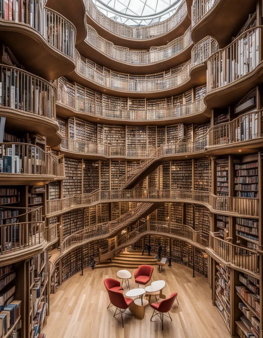 A grand library with towering bookshelves, creating a maze-like interior.