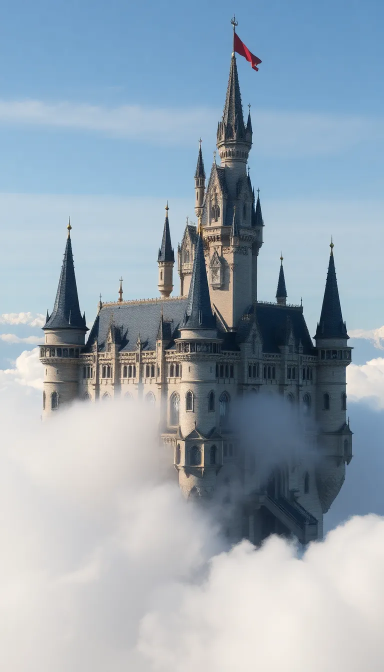 A majestic, fairytale-like castle floating on a cloud, with a spire reaching towards the sky.