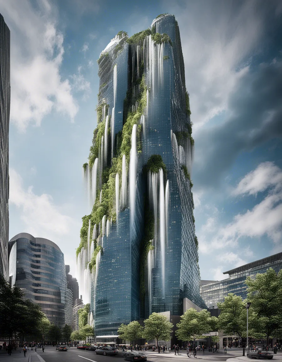 A futuristic skyscraper covered in lush greenery, creating a vertical forest in the heart of the city.