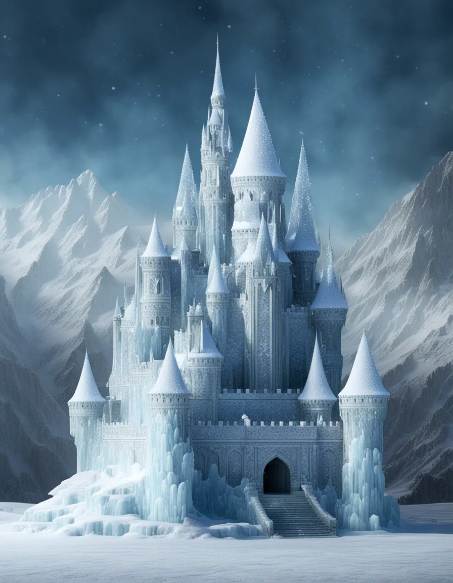 A majestic ice castle with intricate details, shimmering in the sunlight.