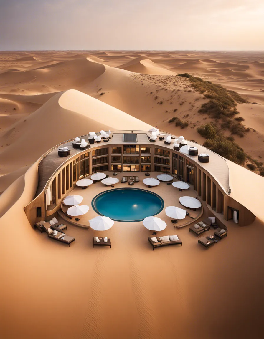 A luxurious desert resort with a swimming pool and a bar, surrounded by golden sand dunes.