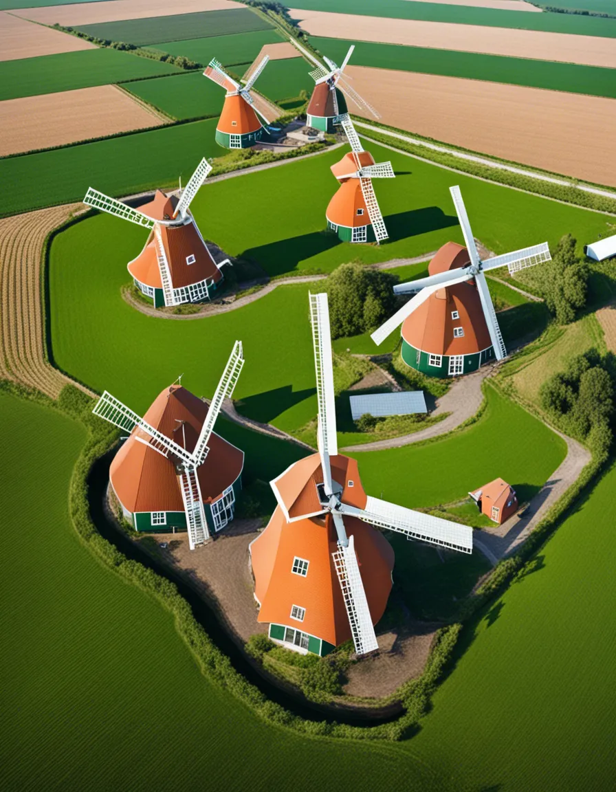 A cluster of traditional Dutch windmills with red roofs, standing in a lush green field.