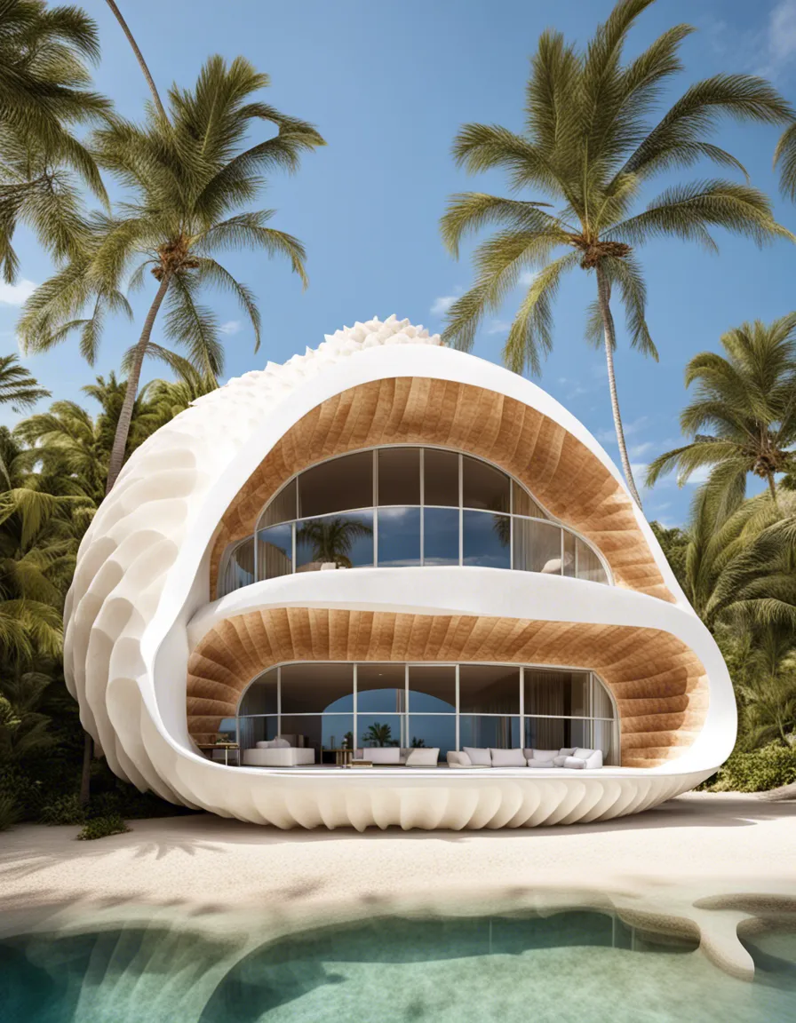 A modern, futuristic house with a curved roof and a sleek design, overlooking a tropical beach.