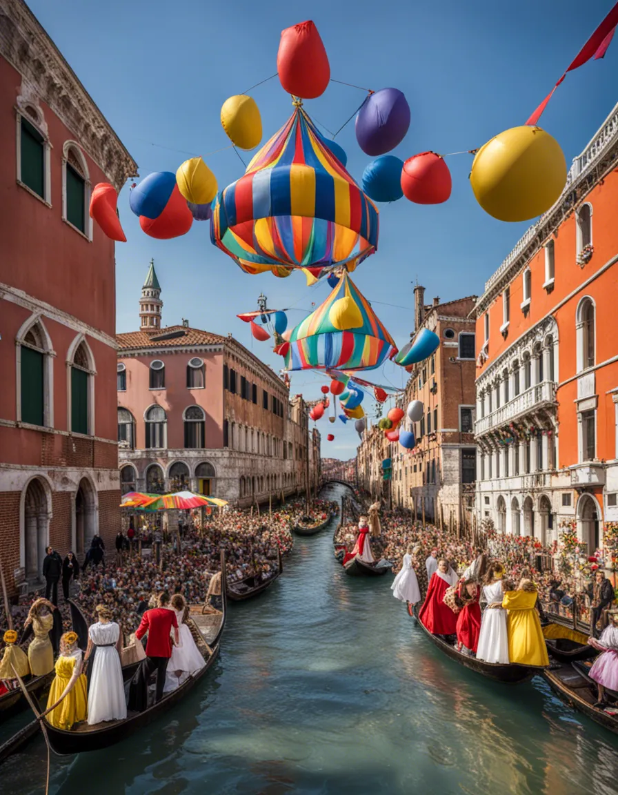 A colorful street in Venice with gondolas floating on the canals and vibrant decorations hanging overhead.