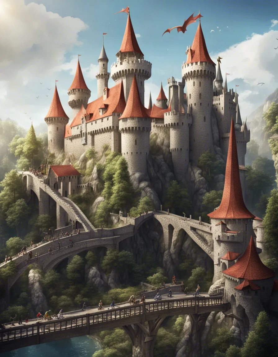 A fairytale-like castle perched on a cliff overlooking a lush green forest.