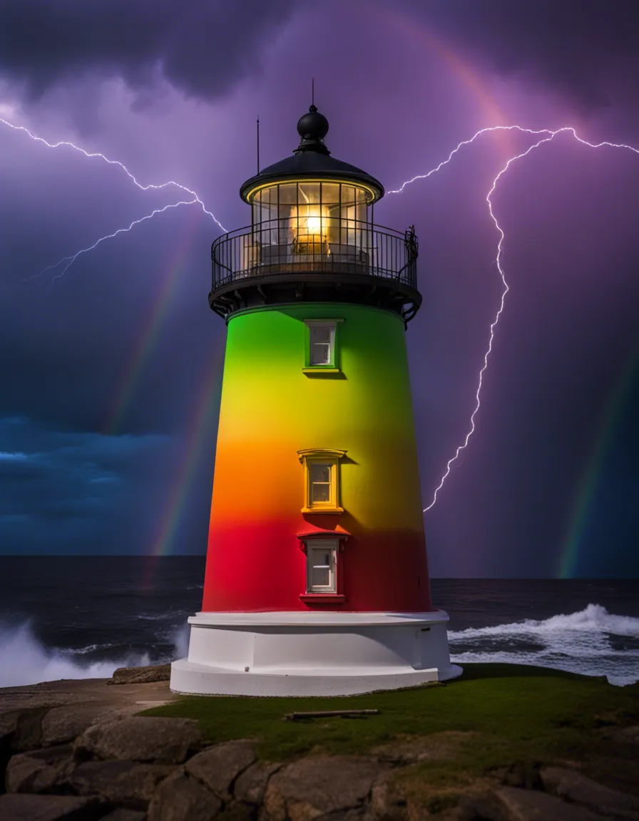 A lighthouse with a rainbow-colored design, standing tall against a stormy sky with lightning flashing in the background.