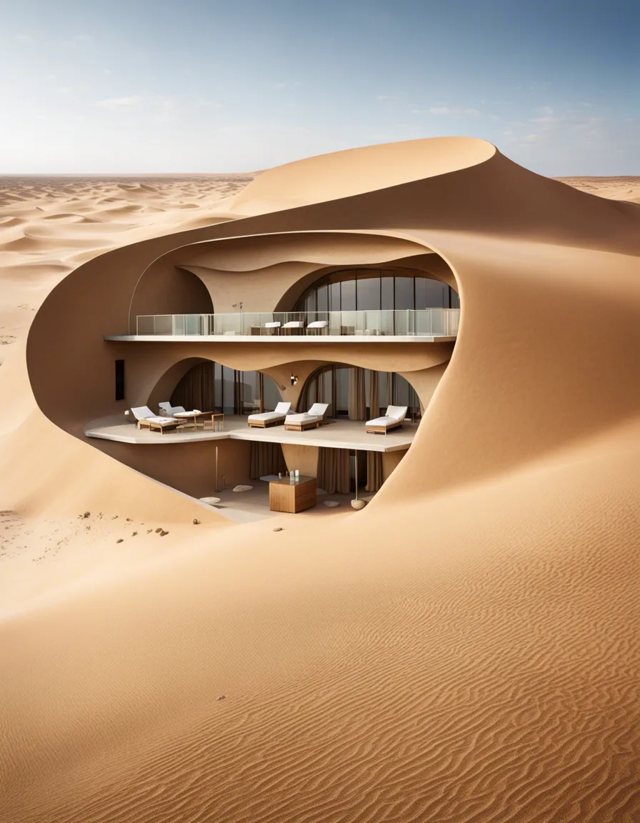 A futuristic, sand-colored house with a curved entrance, built into a desert landscape.