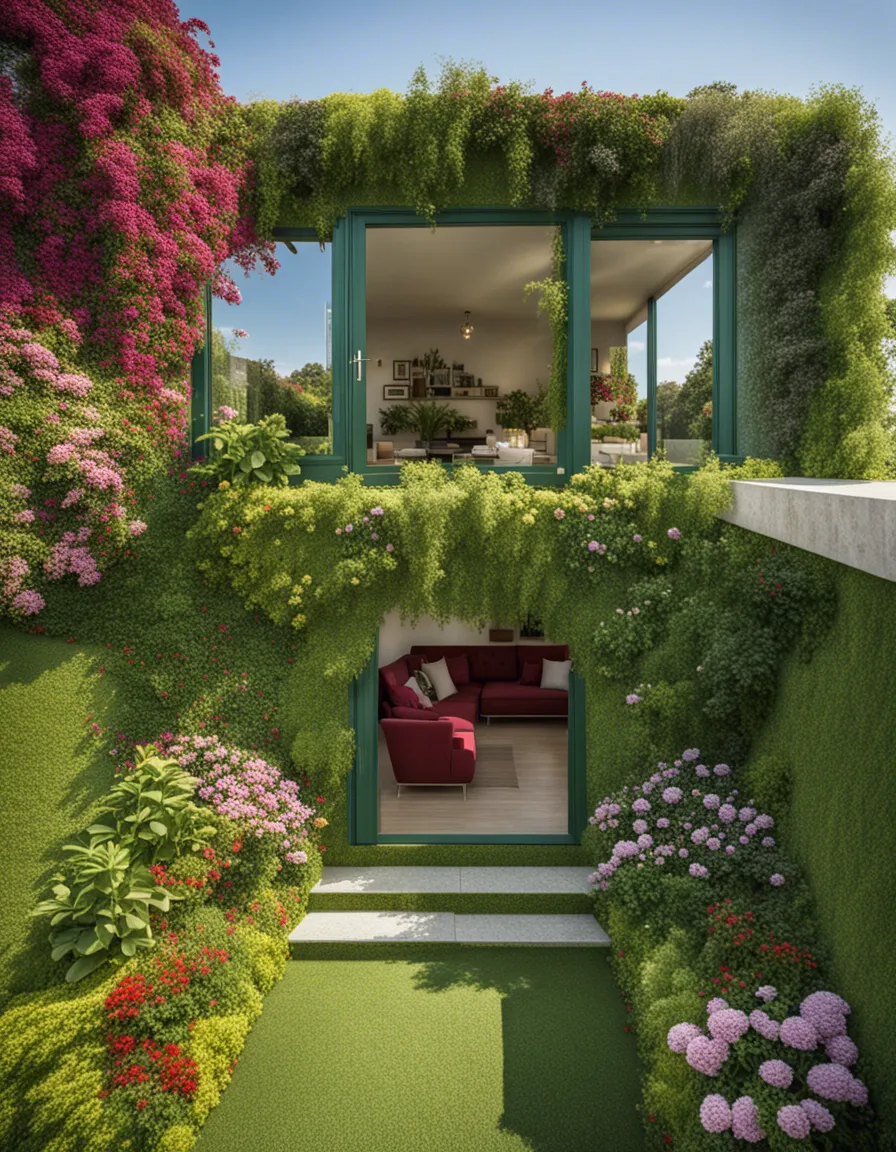 A whimsical, garden-themed house with a lush green facade and a cozy interior.