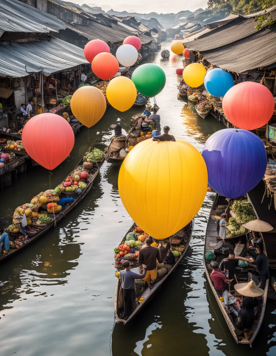 A colorful street scene with hot air balloons floating over a canal, creating a magical atmosphere.